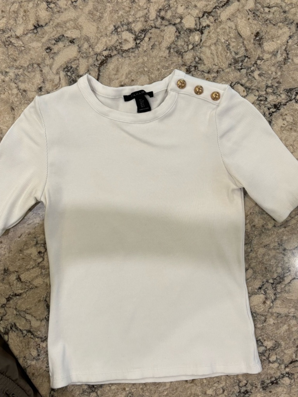 Tahari White Ribbed Short Sleeve Top with Gold Shoulder Buttons